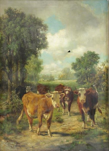 FOX, Robert Atkinson. Oil on Canvas of Cows in: Pasture. Signed lower left. Robert Atkinson Fox (American, 1860 - 1935). From a Harrison, NY estate. Dimensions: 48" high x 36" wide. Condition: Estate found condition. Yellowed varnish and surface gr