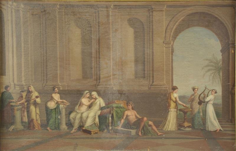 19th Century Oil on Canvas. Classical Scene.: Unsigned. From a Harrison, NY estate. Dimensions: 34" high x 53.5" wide. Condition: As found in an estate. Appears to be in original untouched condition with heavy surface dust, grime and soiling. Hea
