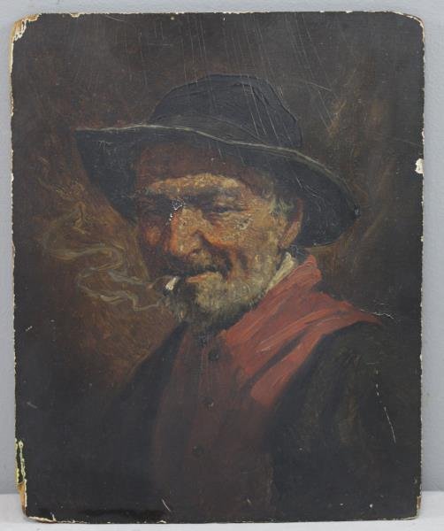 Singed 19th C. Oil on Panel. Man Smoking a: Cigarette. Signed indistinctly lower left. From a Westchester, NY estate. Dimensions: 10.75" high x 8.5" wide. Condition: Heavy surface grime, craquelure, slight warping to panel, loss center between