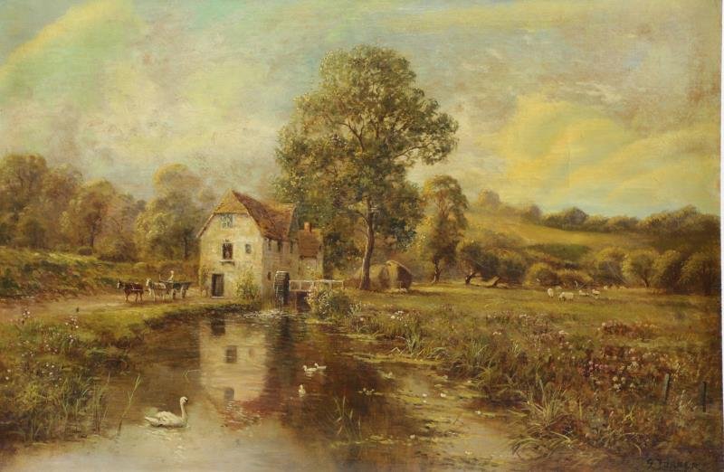 TURNER, G. 19th C. Oil on Canvas. Mill in: Landscape. Signed lower right. From a Westchester, NY estate. Dimensions: 20" high x 30" wide. Condition: Old lining, yellowed varnish, craquelure.