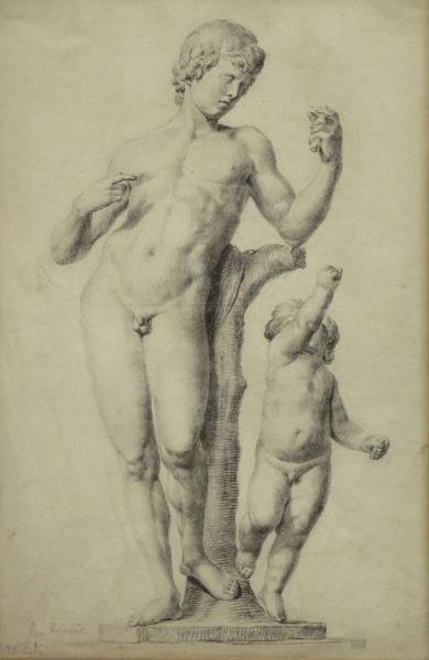 Old Master Graphite Drawing of a Faun and Putto.: Signed Jan Mieris (?) lower left. From a Mystic, CT location. Dimensions: Sight - 13.25" high x 9" wide. Condition: Some light spots of foxing, handling creases visible, framed behind glass, not exami
