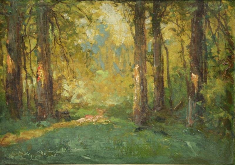 CRANE. Early 20th C. Oil on Canvas Board. Forest: Landscape. Signed lower left. Inscribed 'Crane / 106 West 55th St' verso. Possibly Bruce Crane (American, 1857 - 1937) who had a studio in New York at this address. Dimensions: 10" high x 13.75" wide.