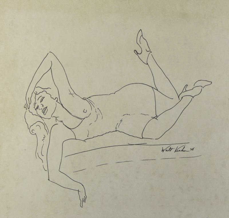 KUHN, Walt. Ink on Paper. Reclining Nude.: Signed and dated 1928 lower right. Walt Francis Kuhn (American, 1877 - 1949). From a Long Island, NY location. Dimensions: Sheet - 11.25" high x 12" wide. Condition: Loose, unframed, handling creases,