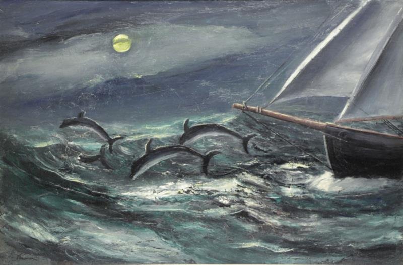 THON, William. Oil on Canvas "Night Visitors".: Signed lower left. Midtown Galleries, New York label affixed verso. William Thon (American, 1906 - 2000). From a Larchmont, NY estate. Dimensions: 20.25" high x 30" wide. Condition: Possibly lined, ar
