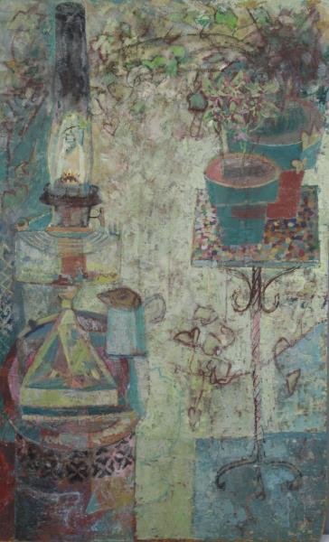 SHULMAN, Morris. Still Life. "Stove, Lamp, Ivy".: Casein Gouache on Masonite. Unsigned but inscribed verso and dated 1966. Morris M. Shulman (American, 1912 - 1978). From the Estate of Morris Shulman as found in a storage facility. Dimensions: 42" hi