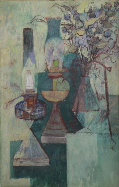 SHULMAN, Morris. Still Life. "Lamps and Weeds": Casein Gouache on Cardboard. Unsigned but inscribed verso. Morris M. Shulman (American, 1912 - 1978). From the Estate of Morris Shulman as found in a storage facility. Dimensions: 40" high x 26" wide.