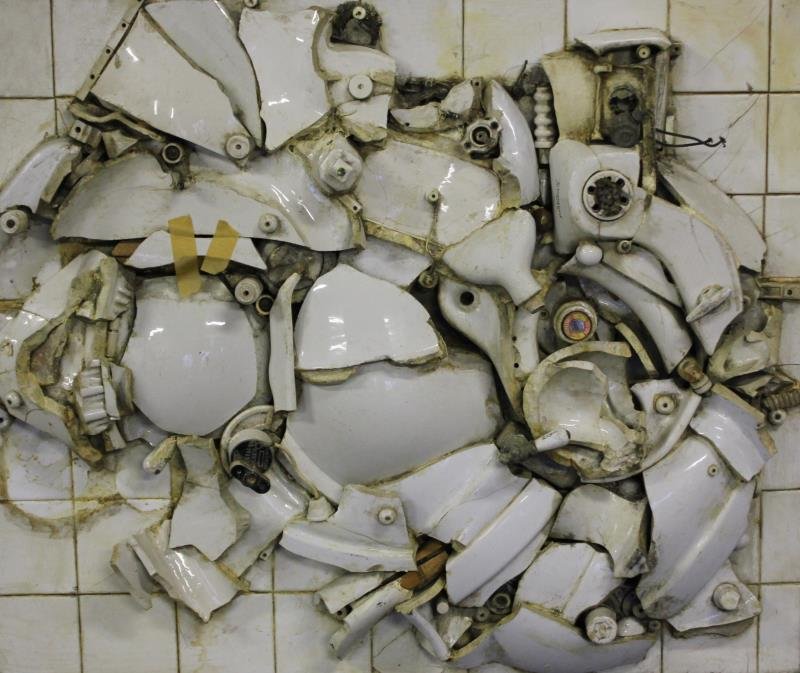 SHULMAN, Morris. "American Standard" Construction: with Porcelain, Wood and Electronic Parts, 1964. Richard Feigen Gallery, New York label and Westbeth Art Association 1970 Exhibition label with $1,000 price tag affixed verso. Morris M. Shulman (Ameri