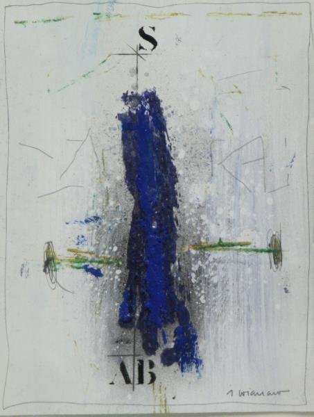 COIGNARD, James. Abstract Mixed Media on Paper.: Signed lower right. James Coignard (French, 1925 - 2008). From a Mystic, CT location. Dimensions: 9.75" high x 7.5" wide. Condition: Good, framed behind glass, not examined out of frame.