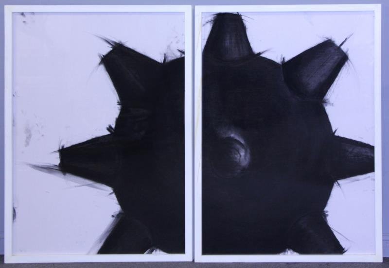 JEZIK, Enrique. Untitled Charcoal on Cardboard Diptych.: Unsigned but with Galeria Enrique Guerro, Mexico, label verso. Enrique Jezik (Argentian, b. 1961). From a Manhattahn, NY estate. Dimensions: 54.5" high x 38.5" wide each. Condition: Good, framed behin