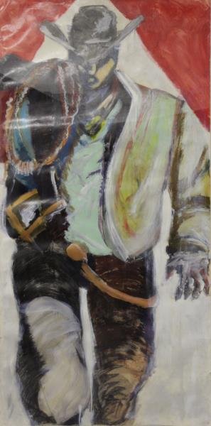 Very Large Contemporary Oil on Paper of a Cowboy.: Signed indistinctly, titled, "Marlboro Man", and dated 1984 verso. From a Manhattan, NY estate. Dimensions: 84.5" high x 42" wide. Condition: A few tears to extreme edges, pinholes in corners, bucklin