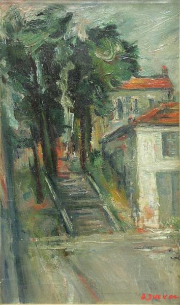 ZUCKER, Jacques. Oil on Canvas. House and Trees.: Signed lower right. Jacques Zucker (Polish/American, 1900 - 1981). From a Manhattan, NYC location. Dimensions: 20" high x 12" wide. Condition: Area craquelure, otherwise good.