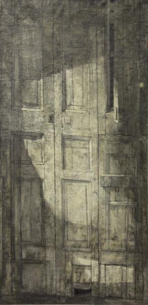 BARREDA, Ernesto. Large Oil on Canvas. Door in: Shadow. Signed lower left, further signed verso. Ernesto Barreda (Chilean, b.1927). From a Tarrytown, NY home. Dimensions: 70.5" high x 36" wide. Condition: Heavy craquelure, otherwise good.