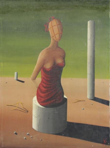SANCHEZ, Jorge. Oil on Canvas. Surrealist Figure: in Landscape. Signed lower right, further signed and inscribed verso. Jorge Noceda Sanchez (Dominican, 1931 - 1987). From a Mystic, CT location. Dimensions: 24" high x 18" wide. Condition: Unframed, s