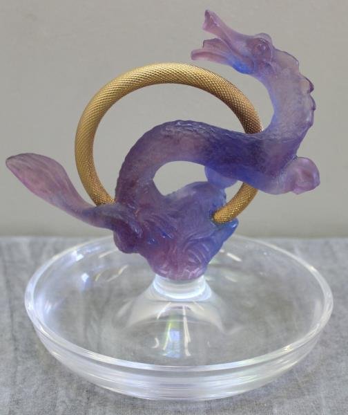 Daum Nancy Chinese Zodiac "Bibelot".: With purple dragon. Signed. From a Scarsdale, NY home. Dimensions: 5.375" diameter x 6.25" h.