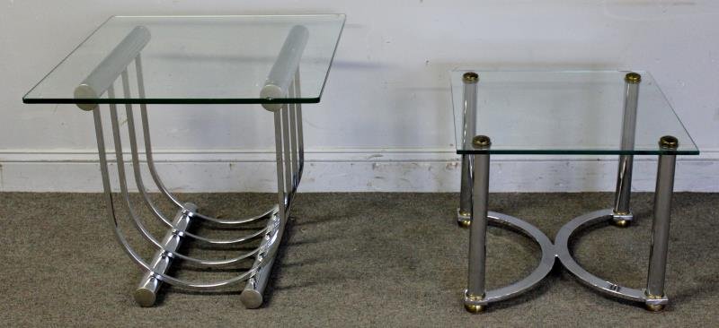 Midcentury Chrome Table Lot.: Including a Gilbert Rhode deco style chrome side table with glass top together with a chrome and brass glass top side table. From a Manhattan, NY estate. Dimensions: Rohde style - 24" w x 24" d x 22"