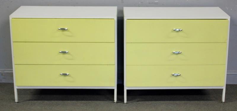 Pair of George Nelson Steel Frame Chests.: George Nelson for Herman Miller. Labeled to drawer interior. 3 yellow drawers in white steel frame. From a Westchester, NY estate. Dimensions: 33.5" w x 17" d x 29.5" h. Condition: Good with minor wea