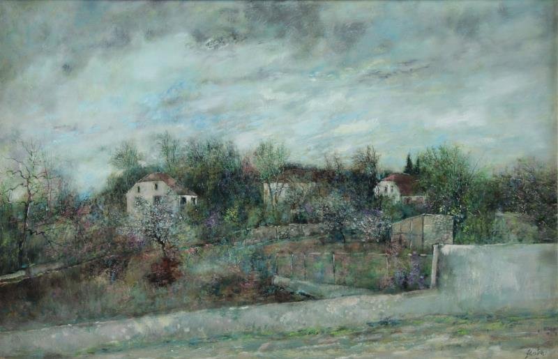 GANTNER, Bernard. Oil on Canvas. Cottages in: Landscape. Signed and dated 80 lower right. Bernard Gantner (French, b.1928). From a Harrison, NY estate. Dimensions: 26" high x 39.5" wide. Condition: Very good.