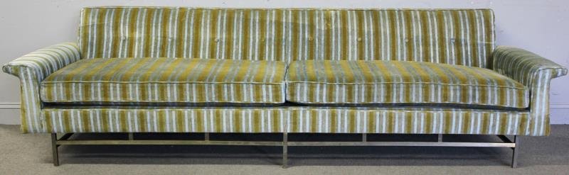 Midcentury Paul McCobb Sofa.: Unmarked. Brass stretchers / base with angled arms. From a Manhattan, NY estate. Dimensions: 101" w x 34" d x 28" h. Condition: Good. Nice patina to base.