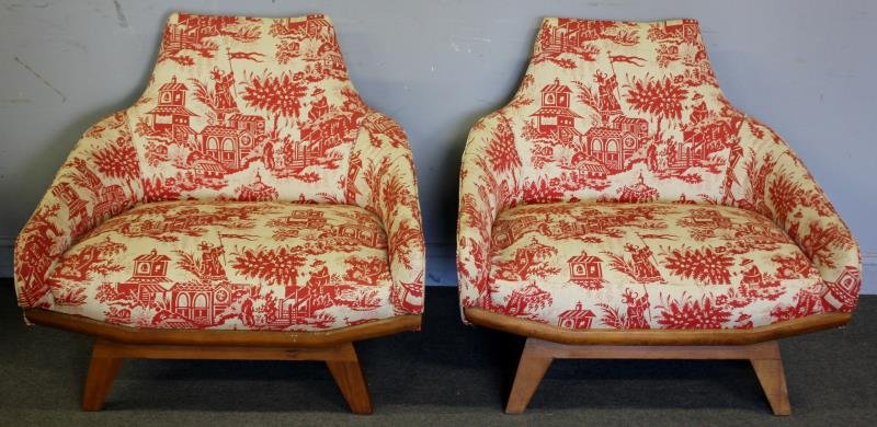 Midcentury Pair of Adrian Pearsall Lounge Chairs.: Unmarked. From a Manhattan, NY estate. Dimensions: 36" w x 30" d x 32" h. Condition: Good vintage condition with wear from age / use.