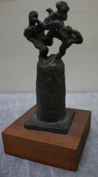 Chaim Gross Man vs. Beast Bronze Figure.: On original wood base. signed with artist's device of monogram. From a Larchmont, NY estate. Dimensions: 7.25" h overall, bronze only - 6" h.
