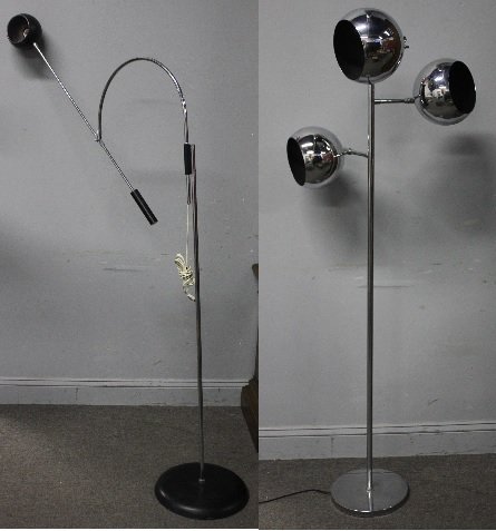 Robert Sonneman Floor Lamp Lot Including Orbital: Floor Lamp. Together with a 3 tier chrome globe shade floor lamp by Robert Sonneman. One labeled to bottom S-2. Other unmarked. From a Mamaroneck, NY estate. Dimensions: 68" h & 63" h.