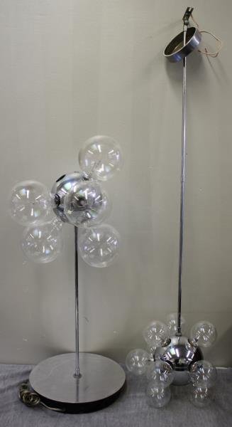 Midcentury TSAO Design Lighting Lot.: TSAO Designs, New Canaan, CT. Includes labeleed table lamp and a matching chandelier. Some oversized bulbs. From a Mamaroneck, NY estate. Dimensions: Lamp - 12" diam x 28" h; Chand- 45" h Condition: G