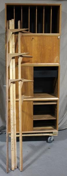 Midcentury Danish Walnut Wall Unit.: Some pieces incised, Made in Denmark. Includes 4 cabinets, approx 25 shelves, 5 large vertical mounts, and 5 small vertical mounts. From a Mamaroneck, NY estate. Condition: One bar cabinet as it with 