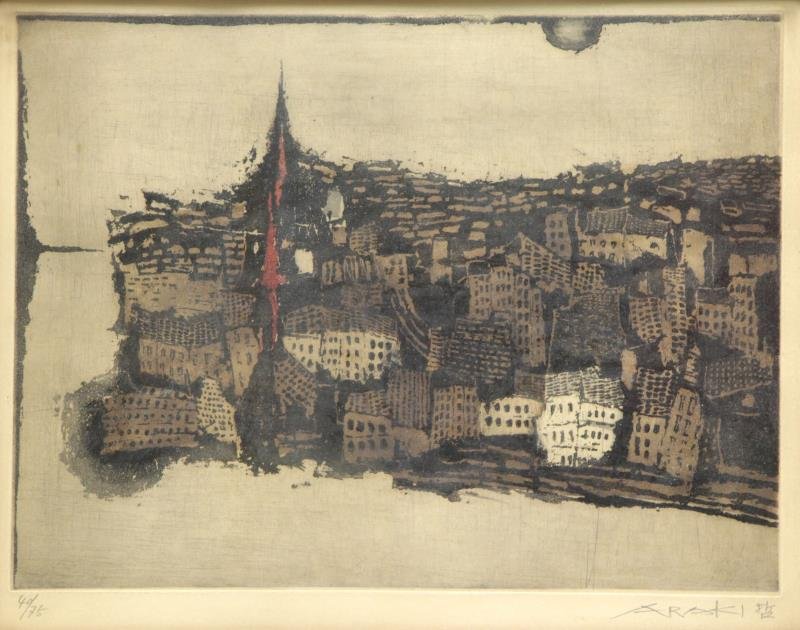 ARAKI, Tetsuo. Color Aquatint and Etching.: Cityscape. Signed lower right, numbered 40/75 lower left. Tetsuo Araki (Japanese, born 1937). From a Manhattan, NY estate. Dimensions: Plate - 11.75" high x 15.5" wide. Condition: Some toning and buck