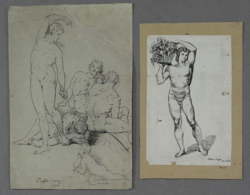 2 Early 19th C. Drawings of Classical Male Nudes.: Grouping of nudes, charcoal on paper, signed and dated Caffei (?) Jr 1816 lower right, 15" high x 10" wide, unframed, small loss upper left, old repair upper right, handling creases. Nude with basket,