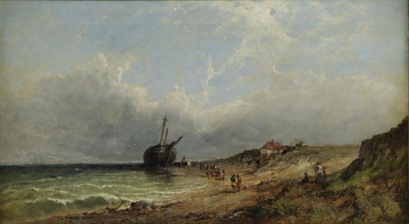 MEADOWS, James E. Oil on Canvas. "Morning After: Storm". Signed and dated 1864 lower left. James Edwin Meadows (British, 1828 - 1888). From a Queens, NY estate. Dimensions: 18" high x 32" wide. Condition: Good, original condition. Craquelure, stretc