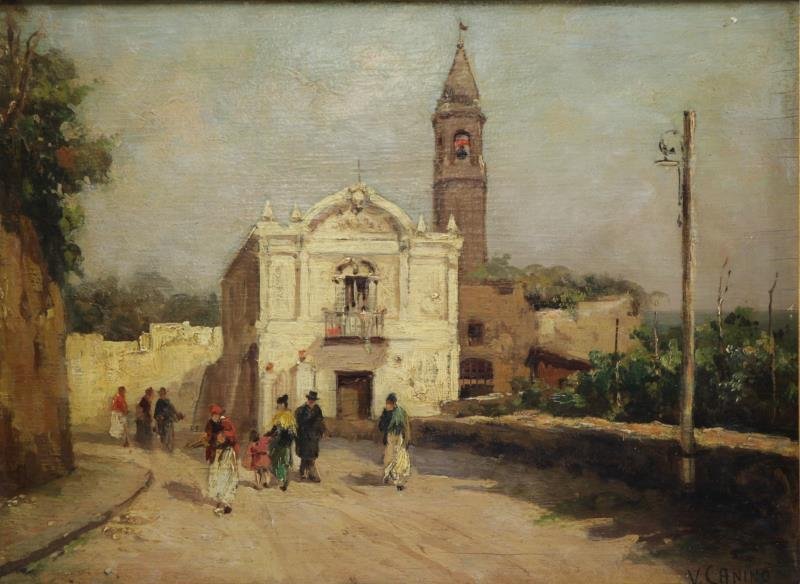 CANINO, Vincenzo. Oil on Wood Panel Italian Street: Scene. Signed lower right. House in a Newcomb-Macklin frame. Vincenzo Canino (Italian, 1892 - 1978). From a Queens, NY estate. Dimensions: 9.75" high x 13" wide. Condition: Splitting at right margin,