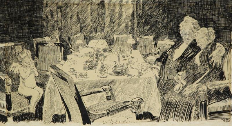 GIBSON, Charles. Ink on Cardboard Illustration.: Elderly Couple with Putto at Table. Signed lower center. Charles Dana Gibson (American, 1867 - 1944). From a Mystic, CT location. Dimensions: Image - 8" high x 14.5" wide. Condition: Loss to upper rig