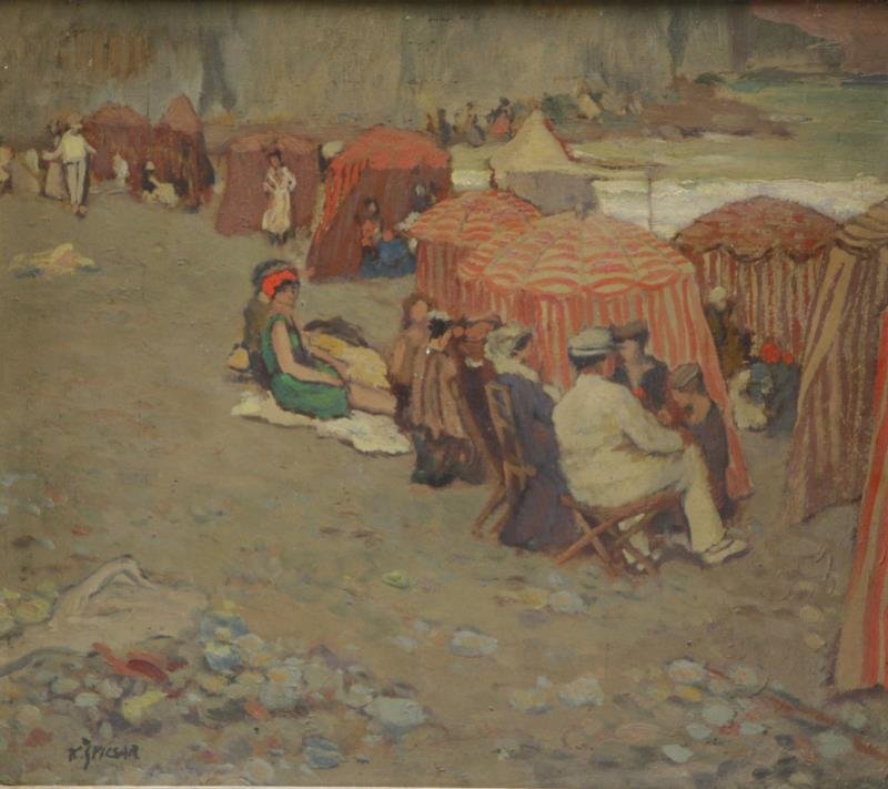 SPILLAR, Karel. Oil on Board. At the Beach.: Signed lower left. Inscribed verso and red Prof. K. Spillar stamp verso. Karel Spillar (Czech, 1871 - 1939). From a Mystic, CT location. Dimensions: 13" high x 14.75" wide. Condition: Light surface du