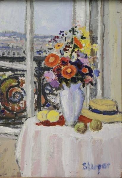 STUPAR, Marko. Oil on Canvas. Window Still Life.: Signed lower right. With small exhibition catalogue. Marko Stupar (Yugoslavian, b. 1936). Dimensions: 10.5" high x 7.5" wide. Condition: Good.