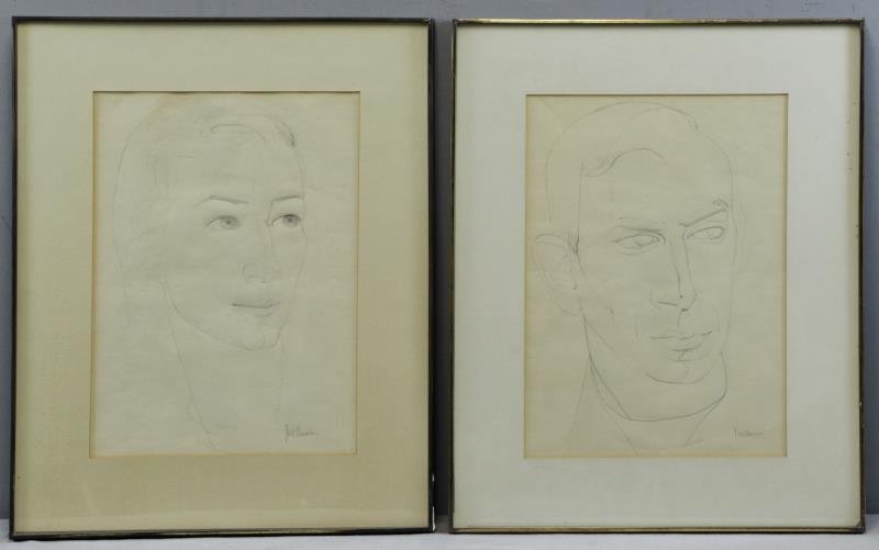 HANSON, Joseph M. Pair of Pencil on Paper: Portraits. Both signed lower right. Circa 1950. Joseph Mellor Hanson (British, 1900 - 1963). From a Mamaroneck, NY home. Dimensions: Sight - 14" high x 10" wide each. Condition: Good, framed behind gl
