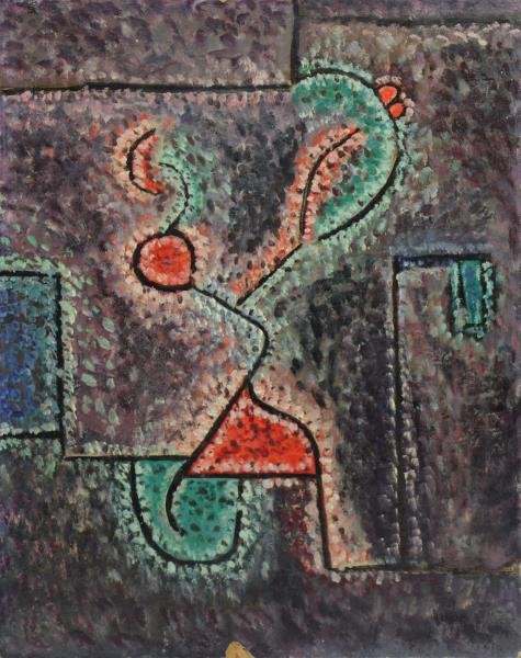 LAMBERT-RUCKI, Jean. 1948 Oil on Masonite.: Primitive Abstract Figure. Signed and dated lower right and further signed and dated verso. Jean Lambert-Rucki (French, 1888 - 1967). From a Westchester, NY home. Dimensions: 20" high x 16" wide. Cond