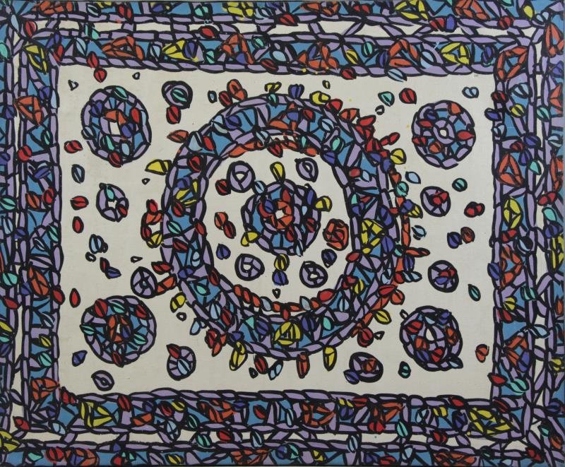 HYDRA, Hennessy. 1966 O/C Abstract Floral Mosaic.: Inscribed and dated verso. Timothy Hennessy Hydra (b. San Francisco 1925), married an Italian countess in 1955 in Venice and painted primarily in Europe. Exhibited at the Betty Parsons Gallery and Tib