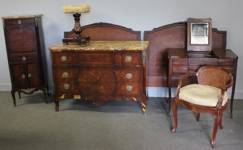 Matched 7 Piece Louis XV Style Bedroom Set.: A petite marbletop inlaid secretaire en abatant with leather writing top. A parquetry and inlaid marble top commode, a pair of parquetry inlaid beds, a lift top vanity, an upholstered stool and a cane