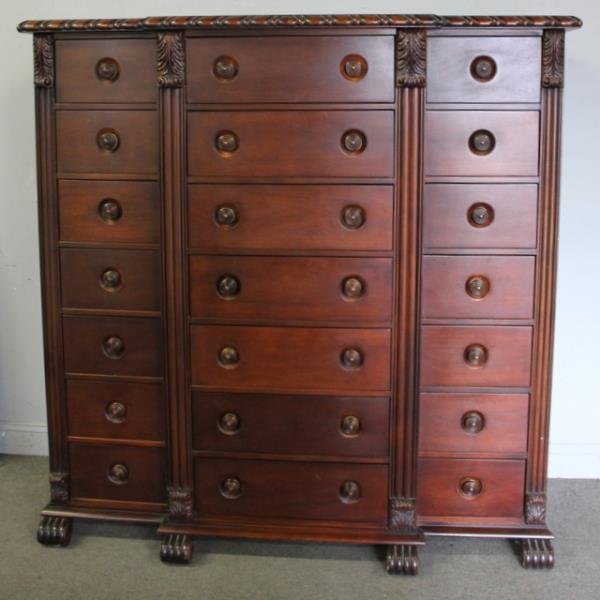Ralph Lauren Multi Drawer Mahogany Chest.: A nice quality reproduction. From a Greenwich, CT home . Dimensions: 65"W x 21"D x 65"H Condition: Good.