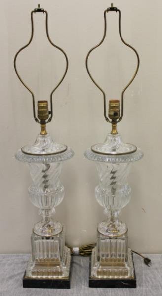 Pair of Baccarat Molded Glass Urn Form Lamps.: Nice pair of table lamps on marble bases. Paul Hansen label on 1 socket, partial label on the other. 20" High excluding fittings. From a Rye, NY estate. Condition: good.