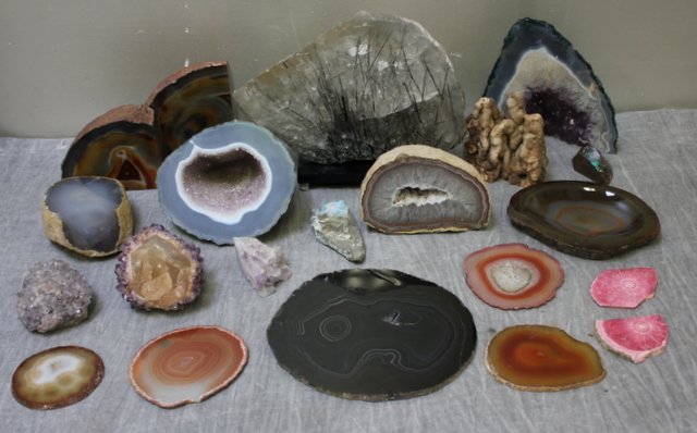 Geode and Hardstone Lot.: Includes crystal with glass needles, discs, opals, amethyst, etc. 18 pcs. From a Larchmont, NY estate. dimensions: Largest is 10.5" w x 7.5" h.