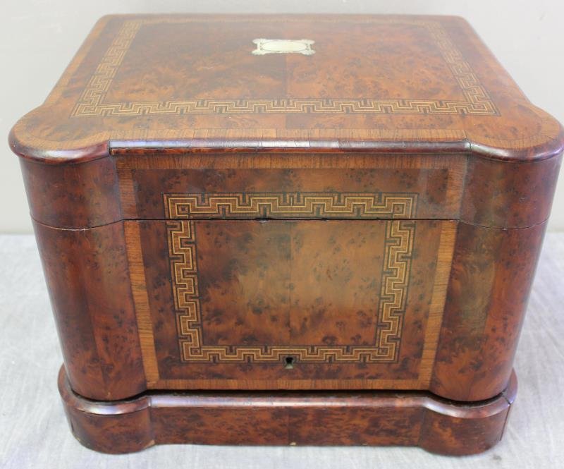 Antique Decanter Set in Inlaid Walnut Case: A nice complete set encased in a Walnut folding case. From a Central Park South NYC estate. Dimensions: 13.75" w x 10.75" d x 10.5" h. Condition: Good.