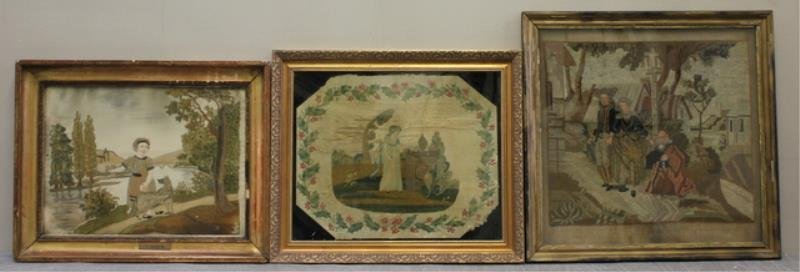 3 Antique Framed Needleworks.: Includes: A memorial scene - 17" w x 14" h, a charming child with a dog signed and dated 1843 - 17" w x 12.25" h, and a needlepoint and watercolor of a beggar - 18.5" w x 18" h. Has an illegible sewn
