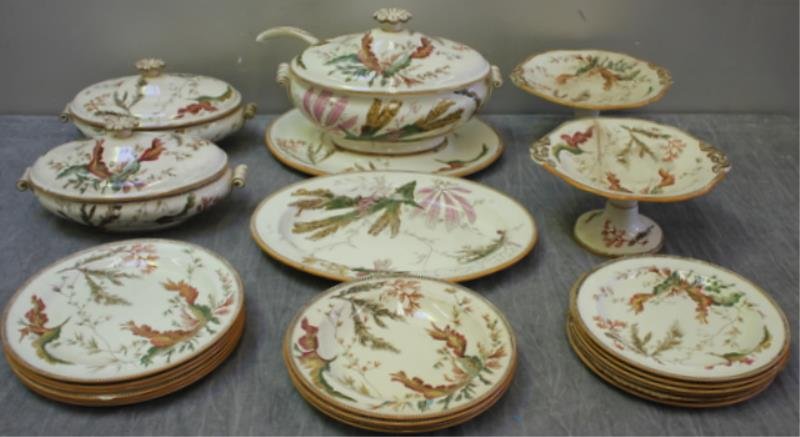 Unusual 19th Century Partial Wedgwood: Service, Coral and Sweet Pea Pattern. Includes 9 dinner plates, 6 luncheon plates, 6 soup bowls, pair of tazza, pair of covered tureens an oval platter and a tureen with underplate tray and ladle. Fro