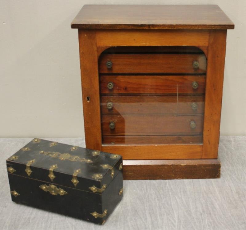 Antique Collectors Cabinet with Six Fitted: Drawers with Removable Glass Tops. Comes with an antique brass bound tea caddy cabinet. From a Central Park South NYC estate. Dimensions: Cabinet - 15" w x 10" d x 17" h , caddy - 9.75" w x 4.75" d x 