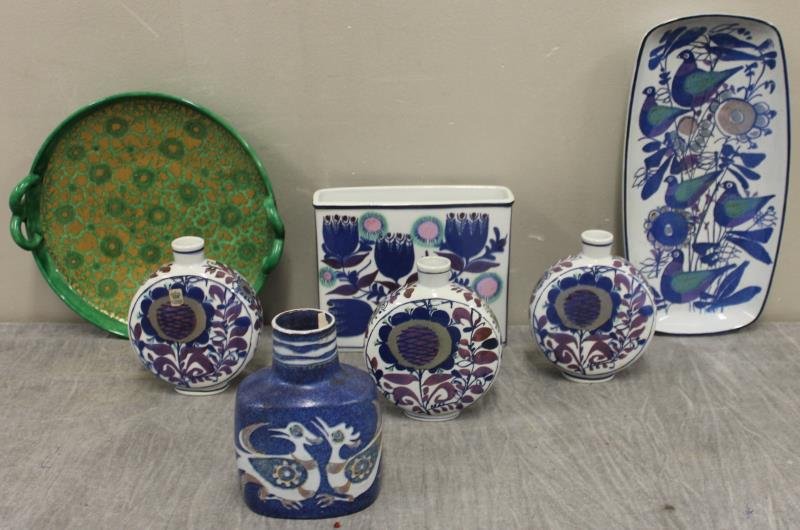 Danish Midcentury Porcelain Lot To Inc 6 pieces Of: "Pajmco"and a Gustavsberg Platter 10"dia, platter 12" x 6.5" Vase 7" x 6" vase 5.5" and 3 vases 5.5" , From a Central Park South NYC estate Condition: good
