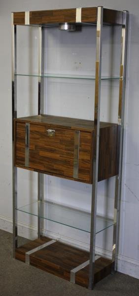 Midcentury Chrome and Rosewood Tessellated: Etagere / Bar. In the style of and possibly John Stuart. Drop down door central cabinet, lighted top with 2 glass shelves. From a Long Island, NY estate. Dimensions: 29.5" w x 12.75" d x 72.25" h. Con