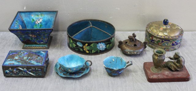 Chinese / Asian Metals Lot.: Includes 5 pieces of enameled copper, a divided cloisonne bowl, an enamel and hardstone covered box, an oblong saucer, and a continental bronze of an Asian man decorating an urn. From a Brooklyn, NY h