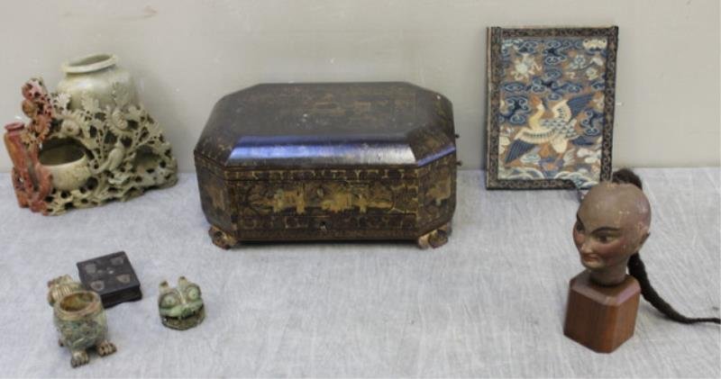 Miscellaneous Chinese Lot.: Includes an export lacquer sewing box, a woven panel or rank badge, a soapstone brush washer, a two part hardstone foo dog and a puppet head. From a Brooklyn, NY home. dimensions: Sewing box - 13" w x