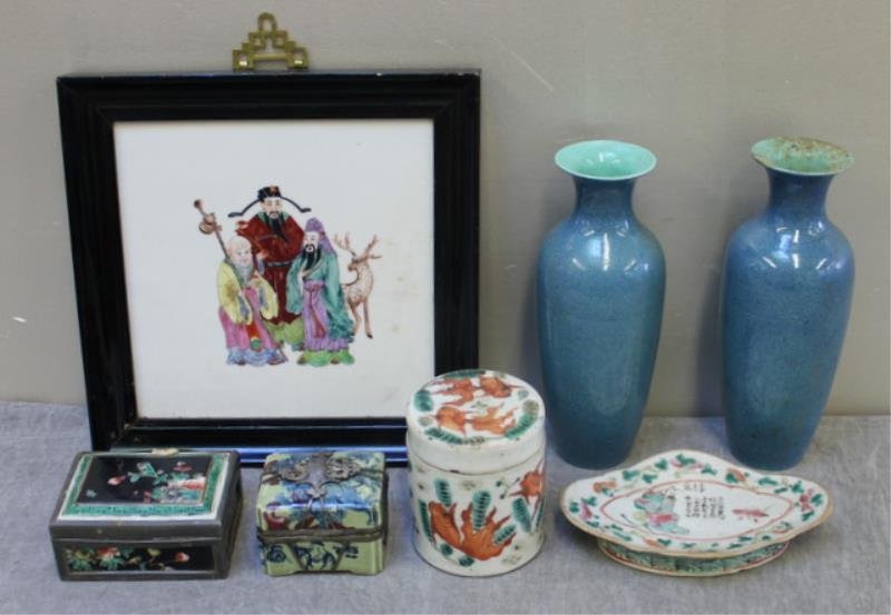 Chinese Lot Includes Framed Porcelain: Plaque, a Pair of Robin's Egg Style Vases, a Pewter Mounted Porcelain Box, a Metal Mounted Box, a Coy Decorated Cylinder Box and an Enamel Poem dish. From a Brooklyn, NY home. dimensions: Plaque (excl